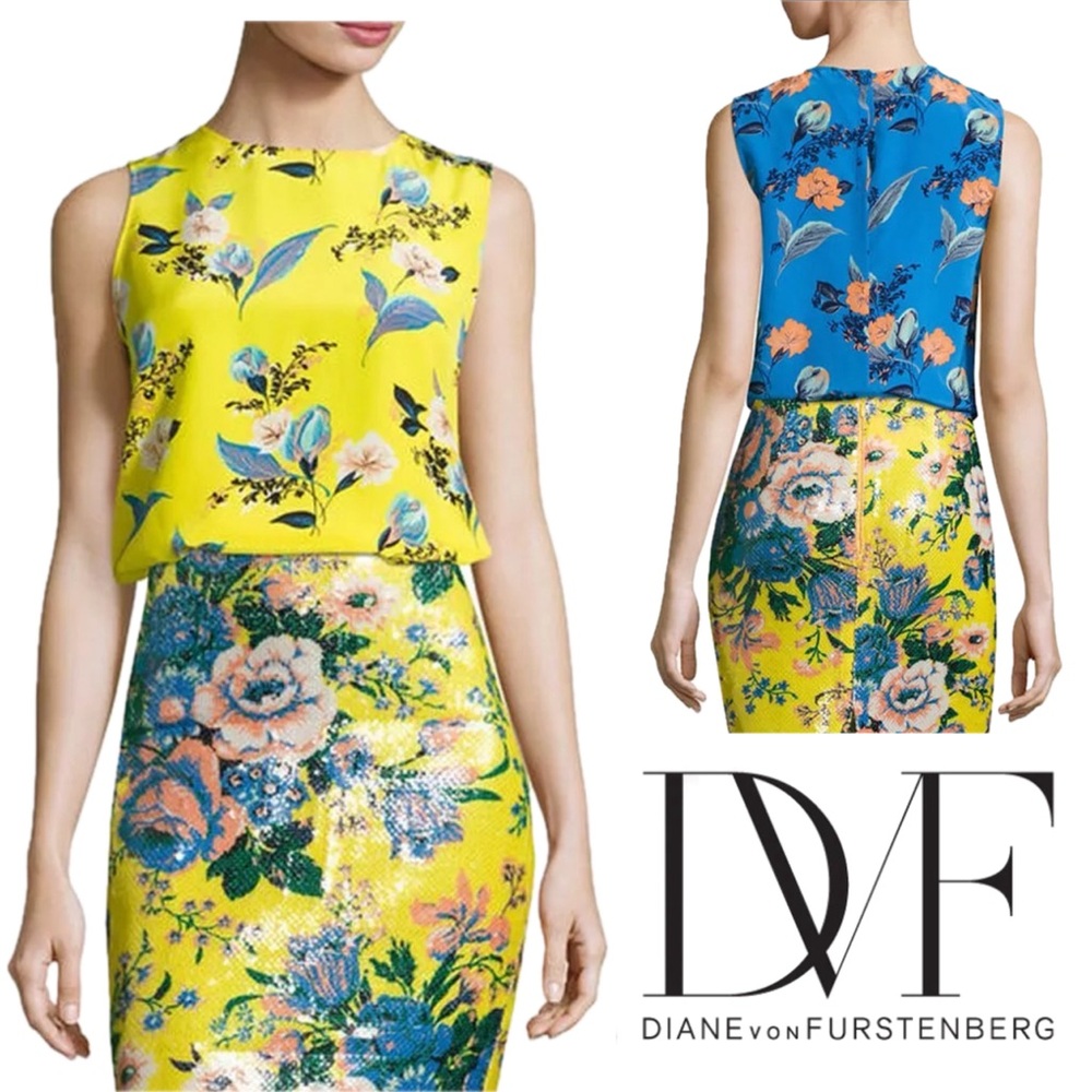 Diane von Furstenberg 100 Silk Silese Yellow Blue Floral Print Slvls Shell Top M